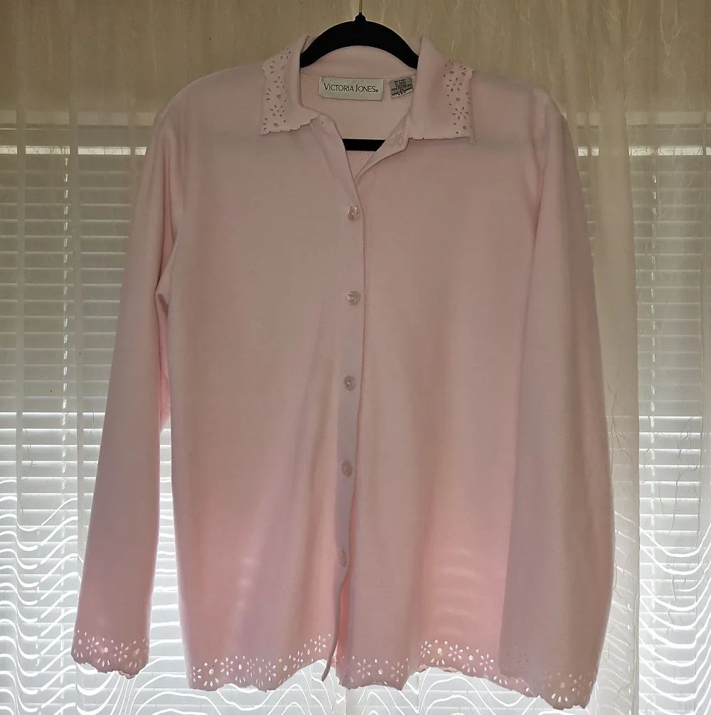 Victoria Jones Soft Light Pink Button-Down Sweater with Laser-Cut Trim